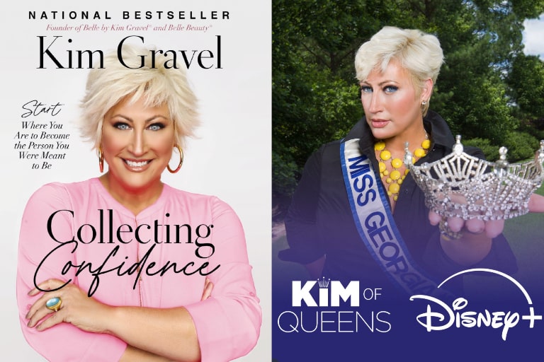 On the left is the book Collecting Confidence by Kim Gravel, and on the right is the TV program Kim of Queens in which Kim Gravel participated